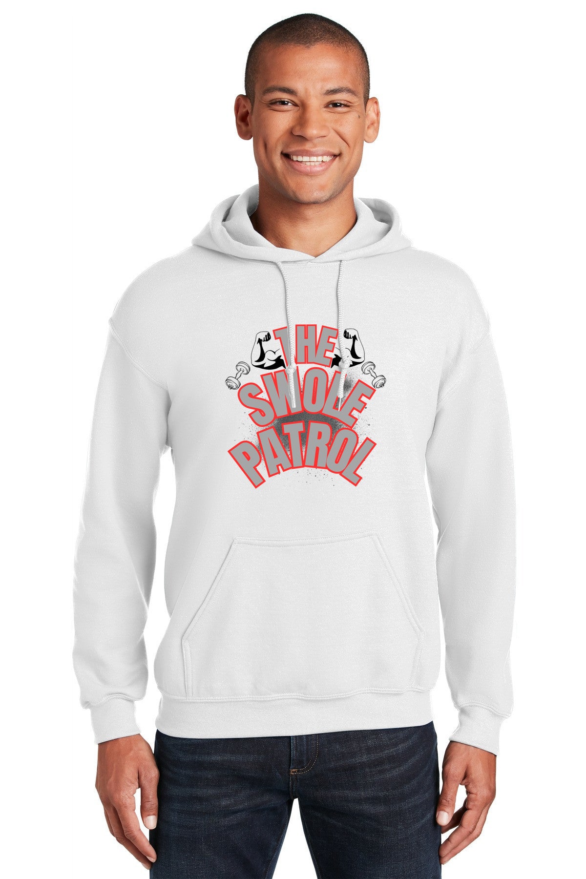 “Man wearing a hoodie with bold text that reads ‘The Swole Patrol’ featuring flexing arm graphics.”