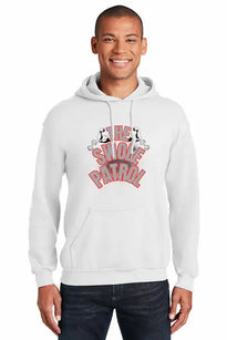 “Man wearing a hoodie with bold text that reads ‘The Swole Patrol’ featuring flexing arm graphics.”