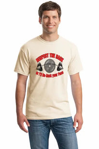RESPECT THE RACK….3.0 BARBELL T-shirt on gym bench with barbell, bold white text, black cotton, lifting accessories in background.