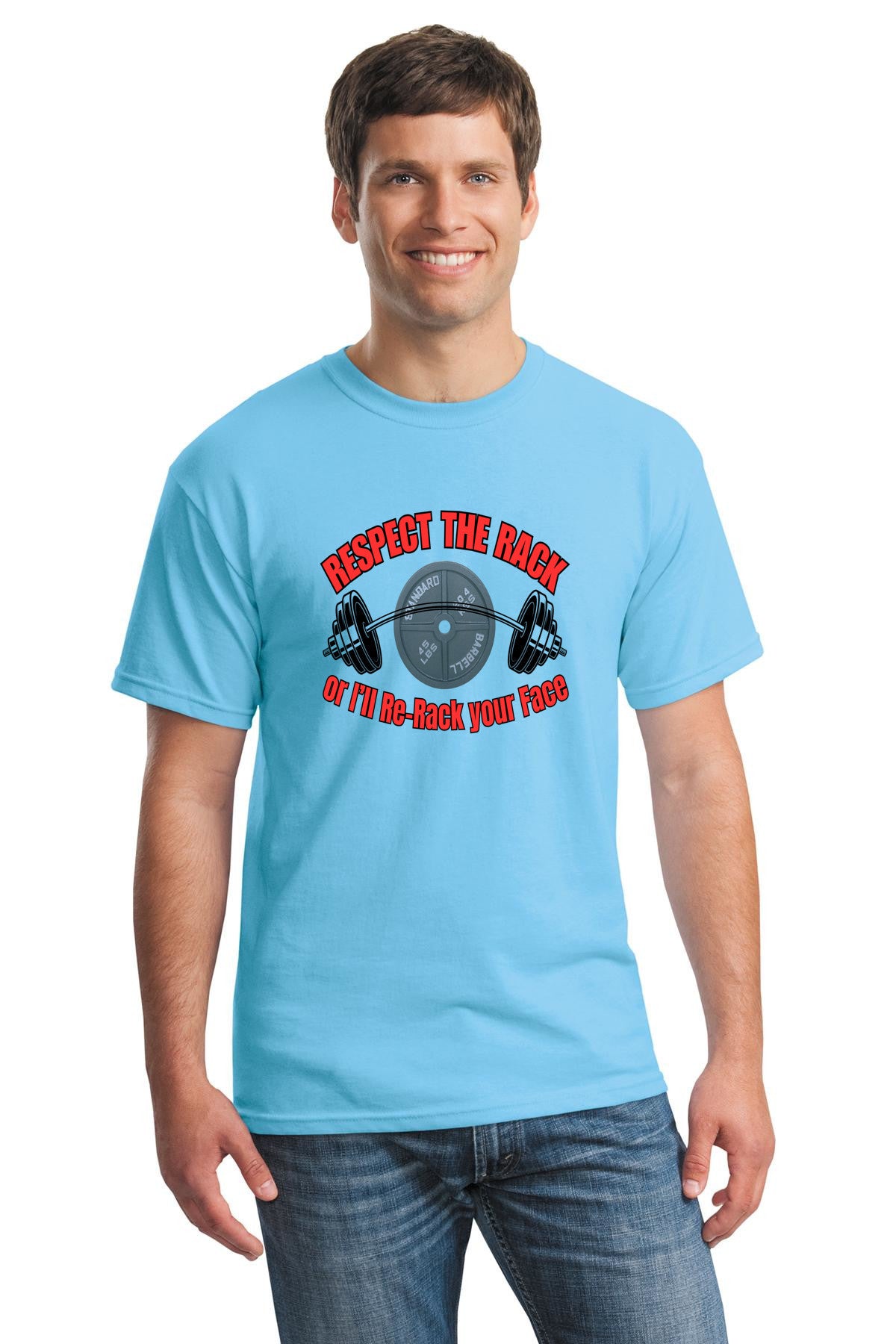 RESPECT THE RACK….3.0 BARBELL T-shirt on gym bench with barbell, bold white text, black cotton, lifting accessories in background.