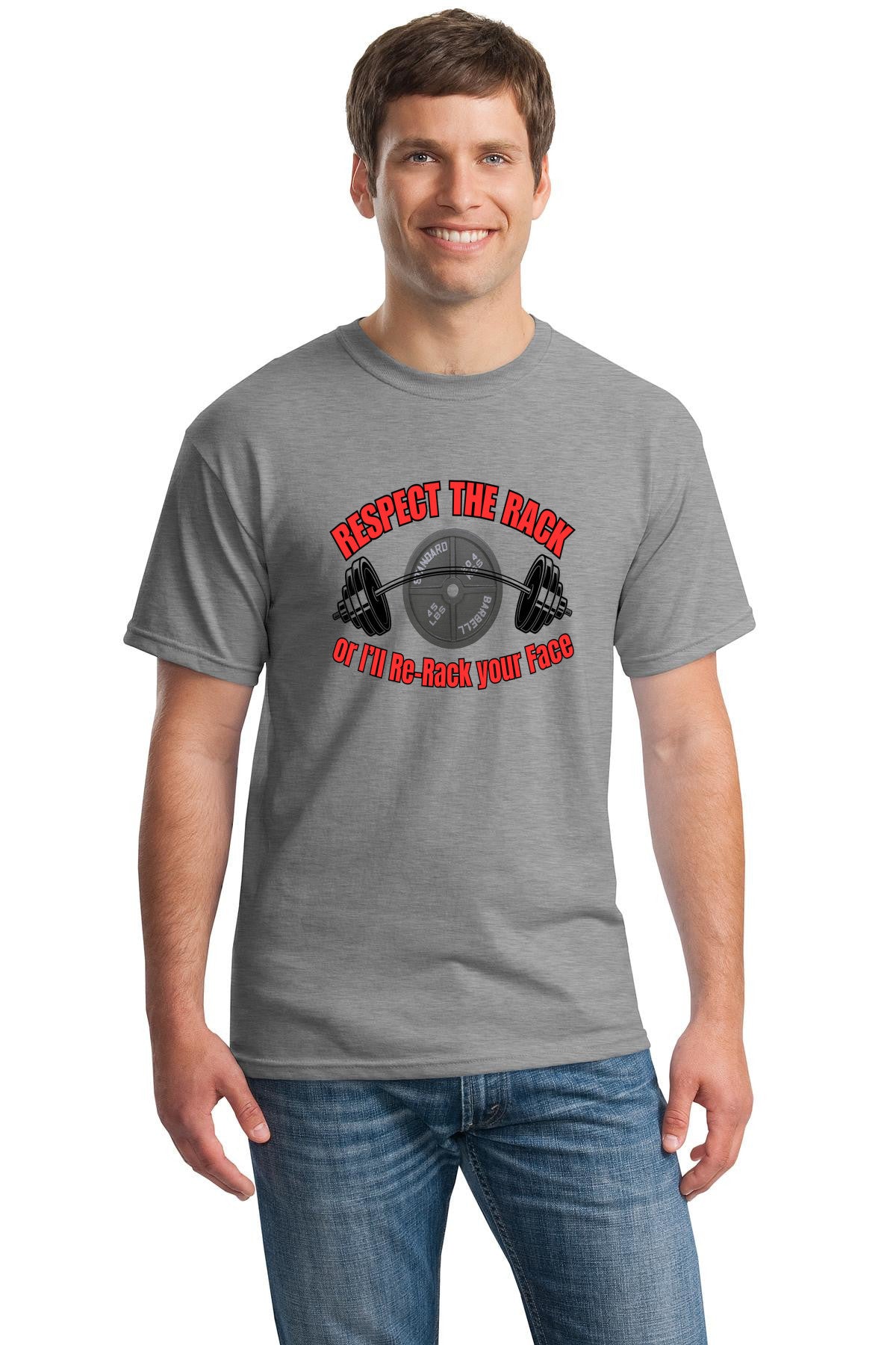 RESPECT THE RACK….3.0 BARBELL T-shirt on gym bench with barbell, bold white text, black cotton, lifting accessories in background.