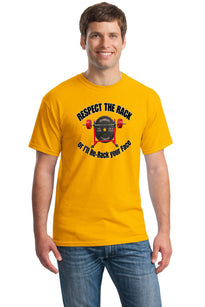 RESPECT THE RACK….2.0 T-shirt displayed on a gym bench, bold white text on black cotton, with dumbbells in the background.