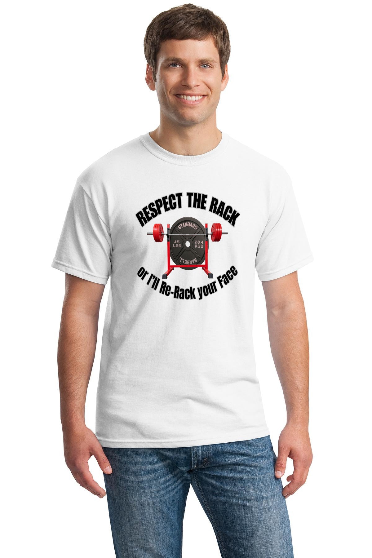 RESPECT THE RACK….2.0 T-shirt displayed on a gym bench, bold white text on black cotton, with dumbbells in the background.