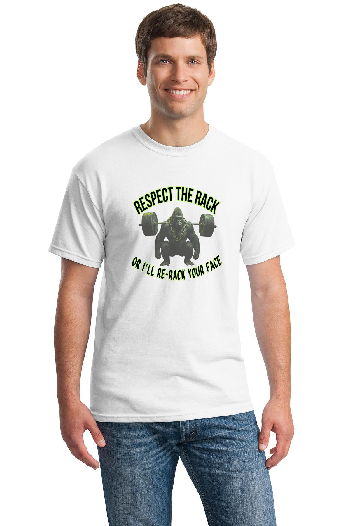 Natural gym t-shirt with bold black and neon green text “Respect the Rack … or I’ll re-rack your face” featuring a barbell rack graphic, photographed flat lay.