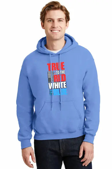 "True Red-White-Blue Hoodie bold patriotic design front view"