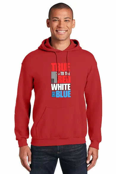 "True Red-White-Blue Hoodie bold patriotic design front view"