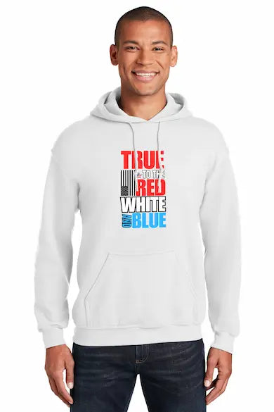 "True Red-White-Blue Hoodie bold patriotic design front view"