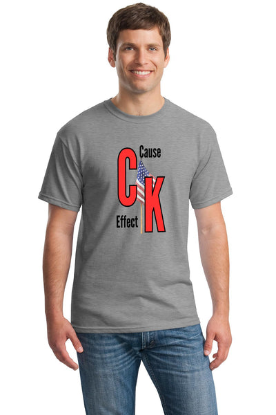 Black graphic T-shirt with bold white text reading “Cause & Effect,” designed as a sarcastic lifestyle statement shirt.