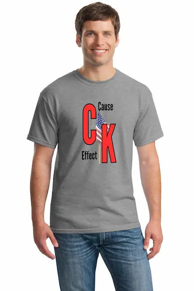 Man wearing a white t-shirt with red and black text Cause & Effect and an American flag graphic.