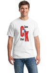White graphic T-shirt with bold white text reading “Cause & Effect,” designed as a sarcastic lifestyle statement shirt.