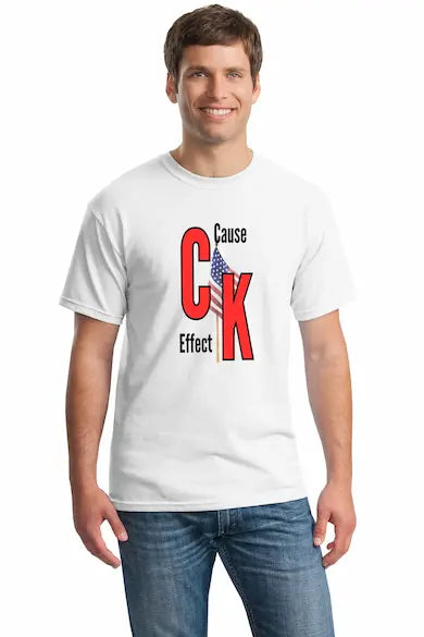 Man wearing a white t-shirt with red and black text Cause & Effect and an American flag graphic.