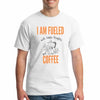White cotton T-shirt with bold print reading “I Am Fueled With Happy Thoughts,” designed as a sarcastic lifestyle statement shirt.