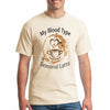 Unisex T-shirt with bold text: “My Blood Type Is Seasonal Latte” on cream background, cozy autumn vibe.