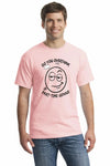 Unisex T-shirt with bold text: “Do You Overthink or Part-Time Genius” on Pink, casual lifestyle shot.