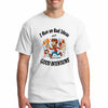 Sarcastic graphic tee with bold text reading “I RUN ON BAD IDEAS AND GOOD INTENTIONS,” styled for humor and lifestyle appeal.