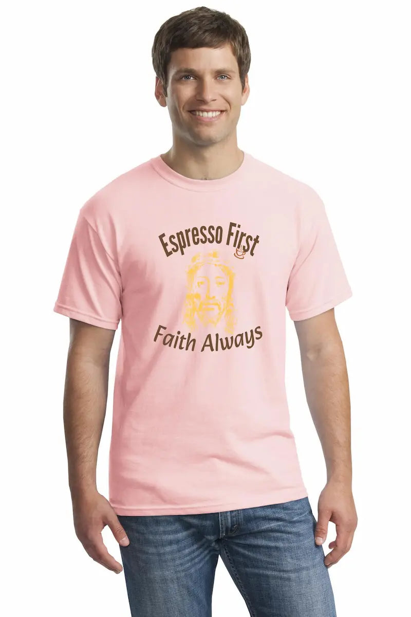 Sarcastic T-shirt reading “Espresso First, Faith Always,” styled with coffee cup and minimalist Jesus illustration, bold modern typography.