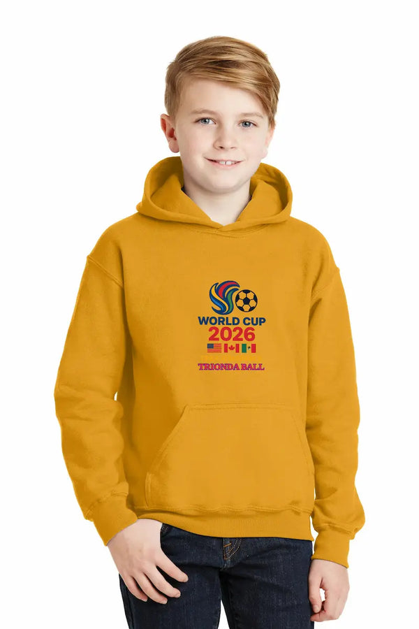 Child wearing bold red, white, and blue World Cup 2026 Trionda kids hoodie celebrating unity and energy.