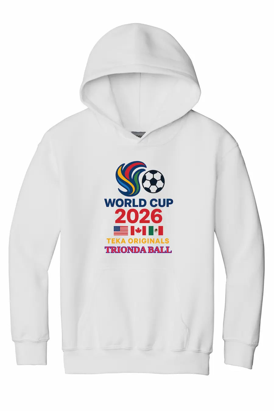 Child wearing bold red, white, and blue World Cup 2026 Trionda kids hoodie celebrating unity and energy.