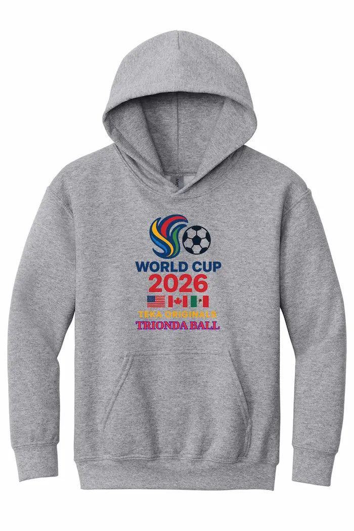 Child wearing bold red, white, and blue World Cup 2026 Trionda kids hoodie celebrating unity and energy.