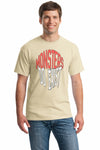 T-shirt with bold white text “Monsters Do Exist,” styled like retro 80s horror poster, sarcastic, pop-culture horror-nostalgia design