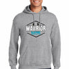 A rugged black hoodie with bold “Warrior Blueprint” print, symbolizing strength, discipline, and resilience.