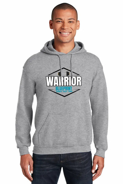 A rugged black hoodie with bold “Warrior Blueprint” print, symbolizing strength, discipline, and resilience.
