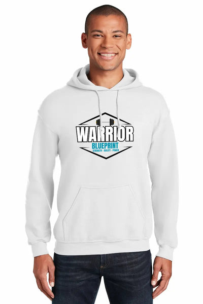 A rugged black hoodie with bold “Warrior Blueprint” print, symbolizing strength, discipline, and resilience.