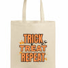 Halloween Tote Bag – Trick Treat Repeat design, sarcastic spooky tote perfect for Teka Originals mugs, tees, plaques, and candy.
