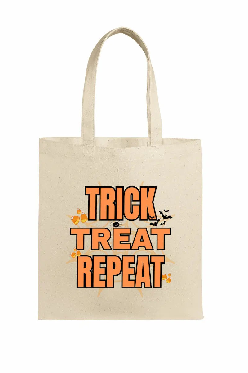 Halloween Tote Bag – Trick Treat Repeat design, sarcastic spooky tote perfect for Teka Originals mugs, tees, plaques, and candy.