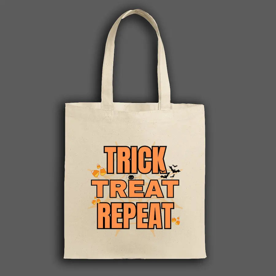 Halloween Tote Bag – Trick Treat Repeat design, sarcastic spooky tote perfect for Teka Originals mugs, tees, plaques, and candy.
