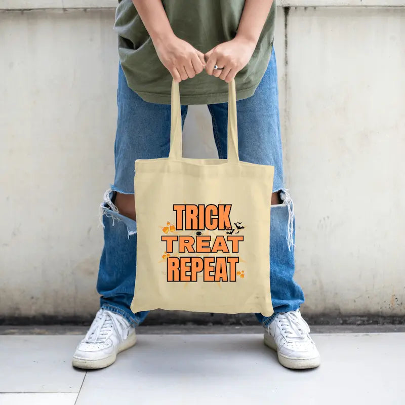 Halloween Tote Bag – Trick Treat Repeat design, sarcastic spooky tote perfect for Teka Originals mugs, tees, plaques, and candy.