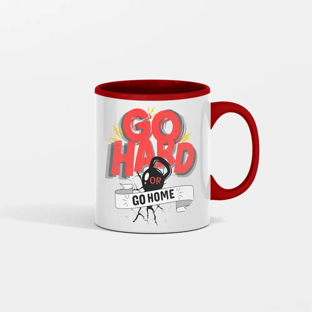 Go Hard Go Home Coffee Mug from Swole Patrol collection, bold gym-themed print, ceramic mug, morning caffeine ritual, fitness lifestyle accessory