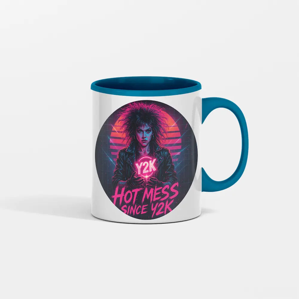 Funny retro Y2K coffee mug with “Hot Mess Since Y2K” text, colorful nostalgic design, 2000s chaos vibe.