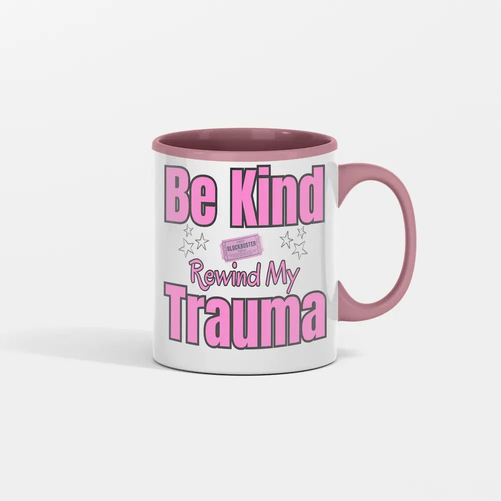 “Be Kind Rewind Y2K Coffee Mug featuring retro VHS design, 2000s nostalgia humor, and bold sarcasm quote.”