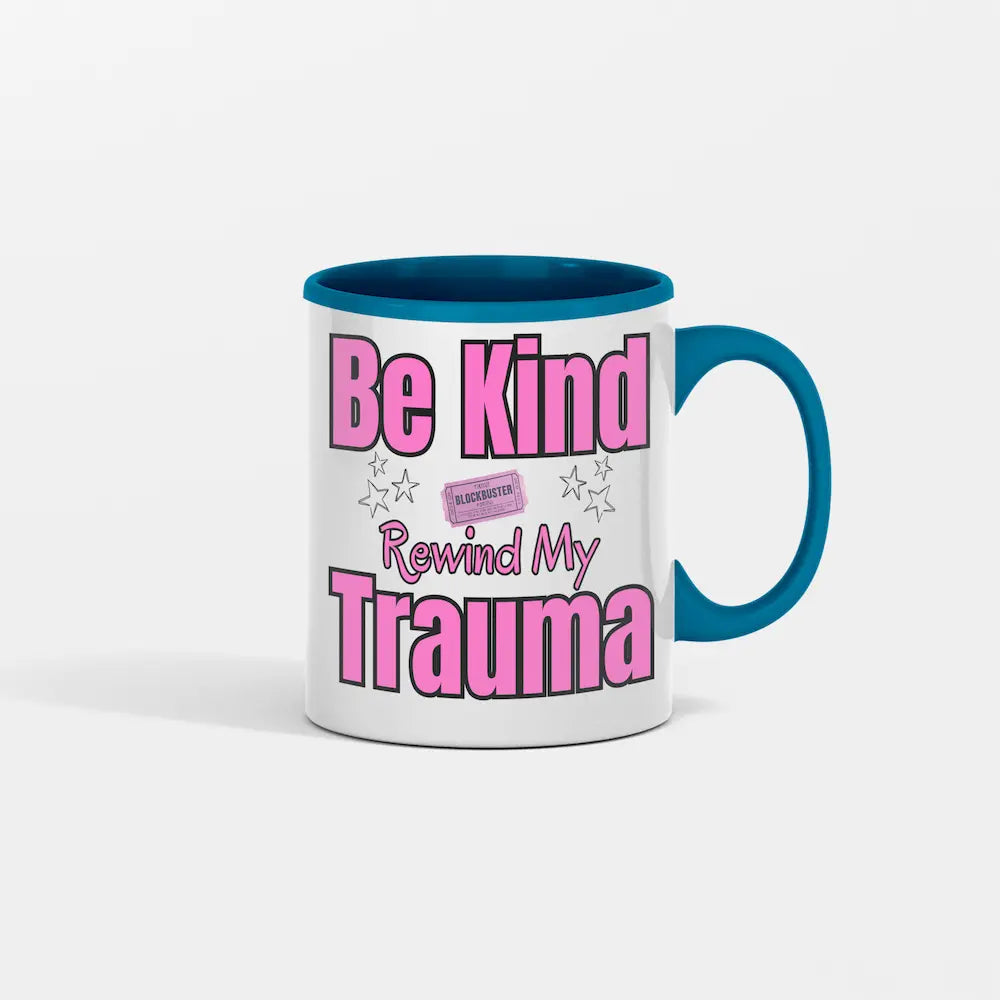 “Be Kind Rewind Y2K Coffee Mug featuring retro VHS design, 2000s nostalgia humor, and bold sarcasm quote.”