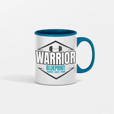 Close-up of the Warrior Blueprint Coffee Mug with bold lettering, steam rising, and gym gear in the background symbolizing discipline and morning motivation.