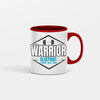Close-up of the Warrior Blueprint Coffee Mug with bold lettering, steam rising, and gym gear in the background symbolizing discipline and morning motivation.