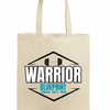 Cinematic shot of the Warrior Blueprint Tote Bag resting beside gym gear and a water bottle, morning light hitting the bold logo, symbolizing strength, motion, and warrior focus.