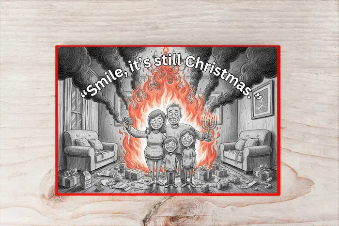 Funny sarcastic Christmas postcard reading “Smile, It’s Still Christmas” with chaotic holiday background and dark humor tone.