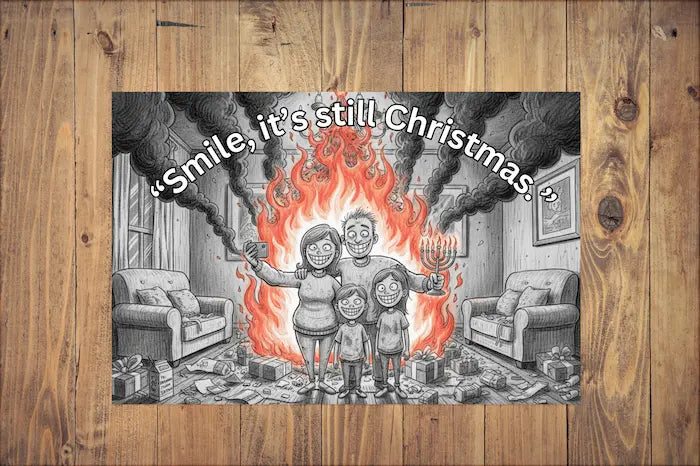 Funny sarcastic Christmas postcard reading “Smile, It’s Still Christmas” with chaotic holiday background and dark humor tone.