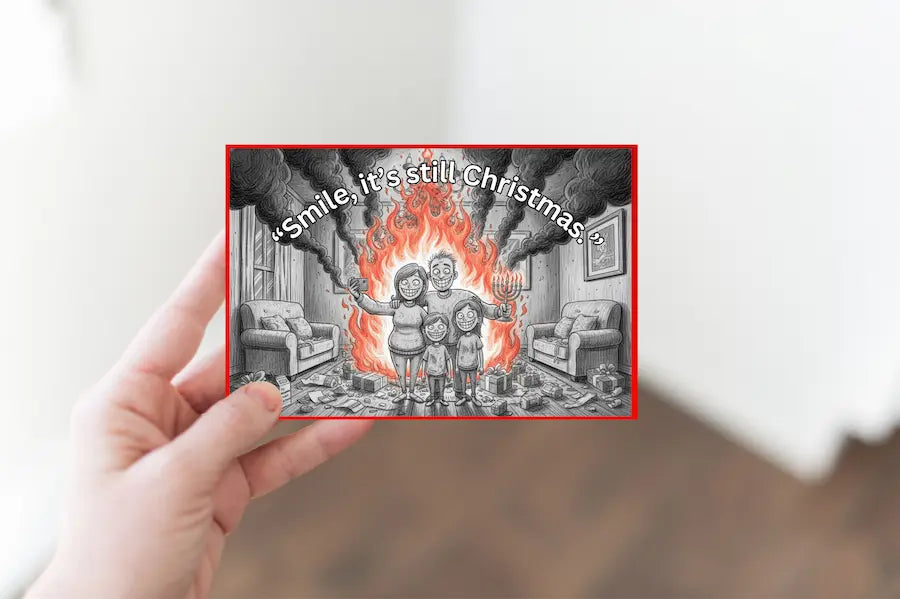 Funny sarcastic Christmas postcard reading “Smile, It’s Still Christmas” with chaotic holiday background and dark humor tone.