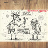 Cartoon reindeer and elf on a wooden background with text 'Too much eggnog?'