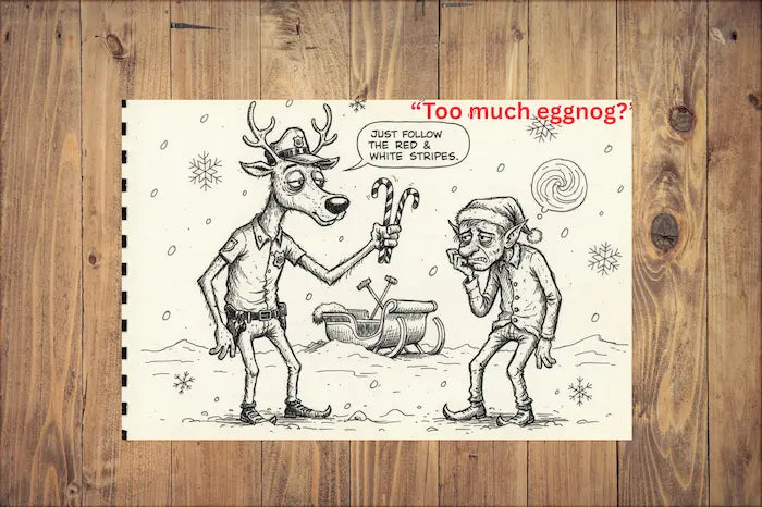 Cartoon reindeer and elf on a wooden background with text 'Too much eggnog?'