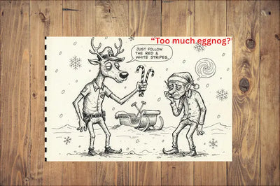 Cartoon reindeer and elf on a wooden background with text 'Too much eggnog?'