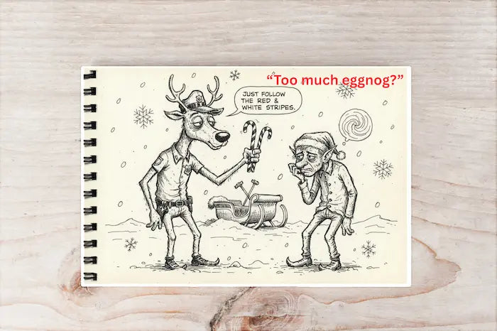 Notebook with a Christmas-themed illustration of a reindeer and a person, with text 'Too much eggnog?' on a wooden surface.