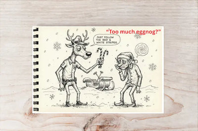 Notebook with a Christmas-themed illustration of a reindeer and a person, with text 'Too much eggnog?' on a wooden surface.
