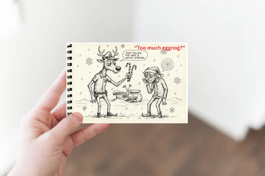 Hand holding a small notebook with a Christmas-themed illustration of a reindeer and person, on a neutral background.