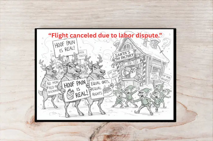 “Funny Christmas postcard showing canceled flight board reading ‘Flight Canceled Due to Labor Dispute,’ travelers waiting with sarcasm and coffee.”