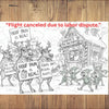 “Funny Christmas postcard showing canceled flight board reading ‘Flight Canceled Due to Labor Dispute,’ travelers waiting with sarcasm and coffee.”