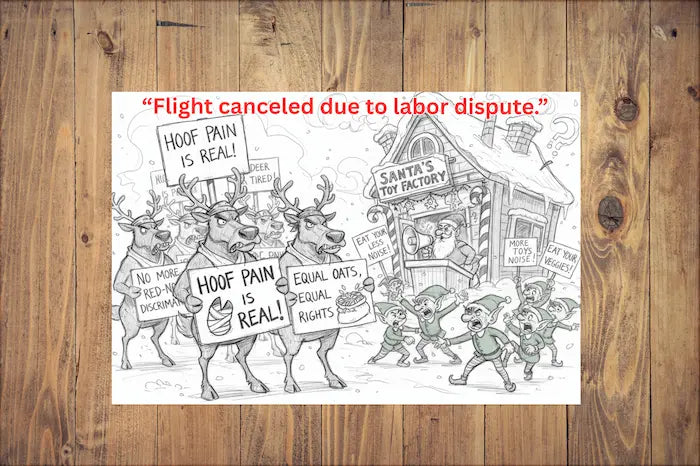“Funny Christmas postcard showing canceled flight board reading ‘Flight Canceled Due to Labor Dispute,’ travelers waiting with sarcasm and coffee.”
